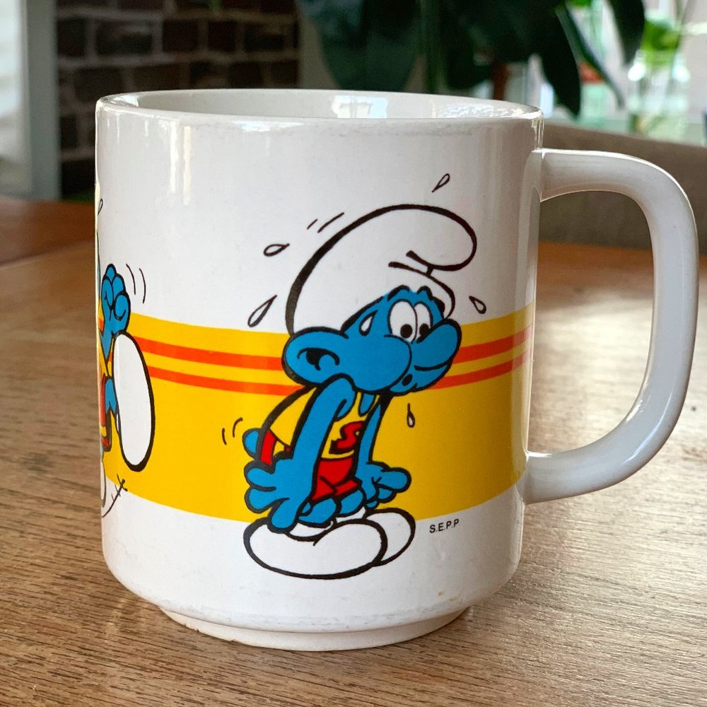 Pair of Vintage 1980's Sporty Smurf Mugs Track N Field by Peyo